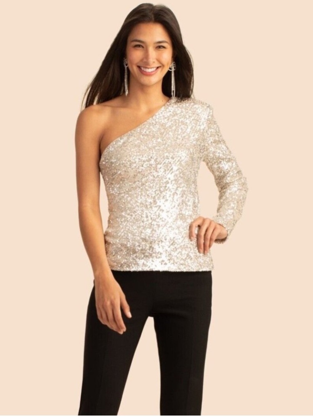 New Trina Turk Over the Moon One-Shoulder Sequin Top in gold Champagne large